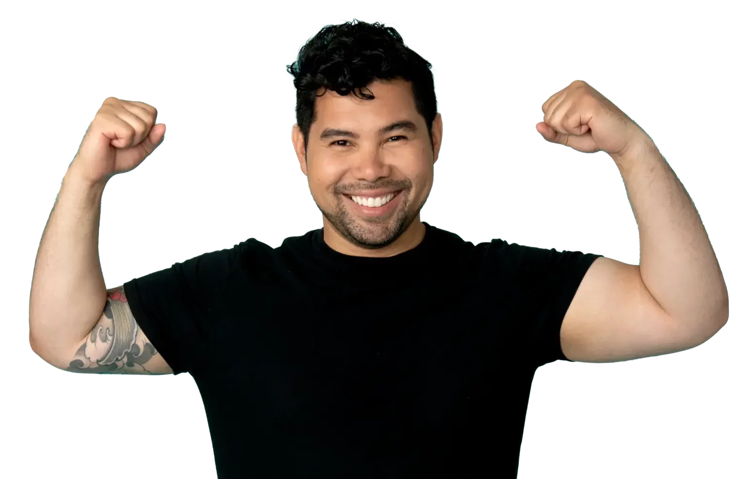 Hispanic man smiling brightly at the camera, holding both fists up to the air and flexing