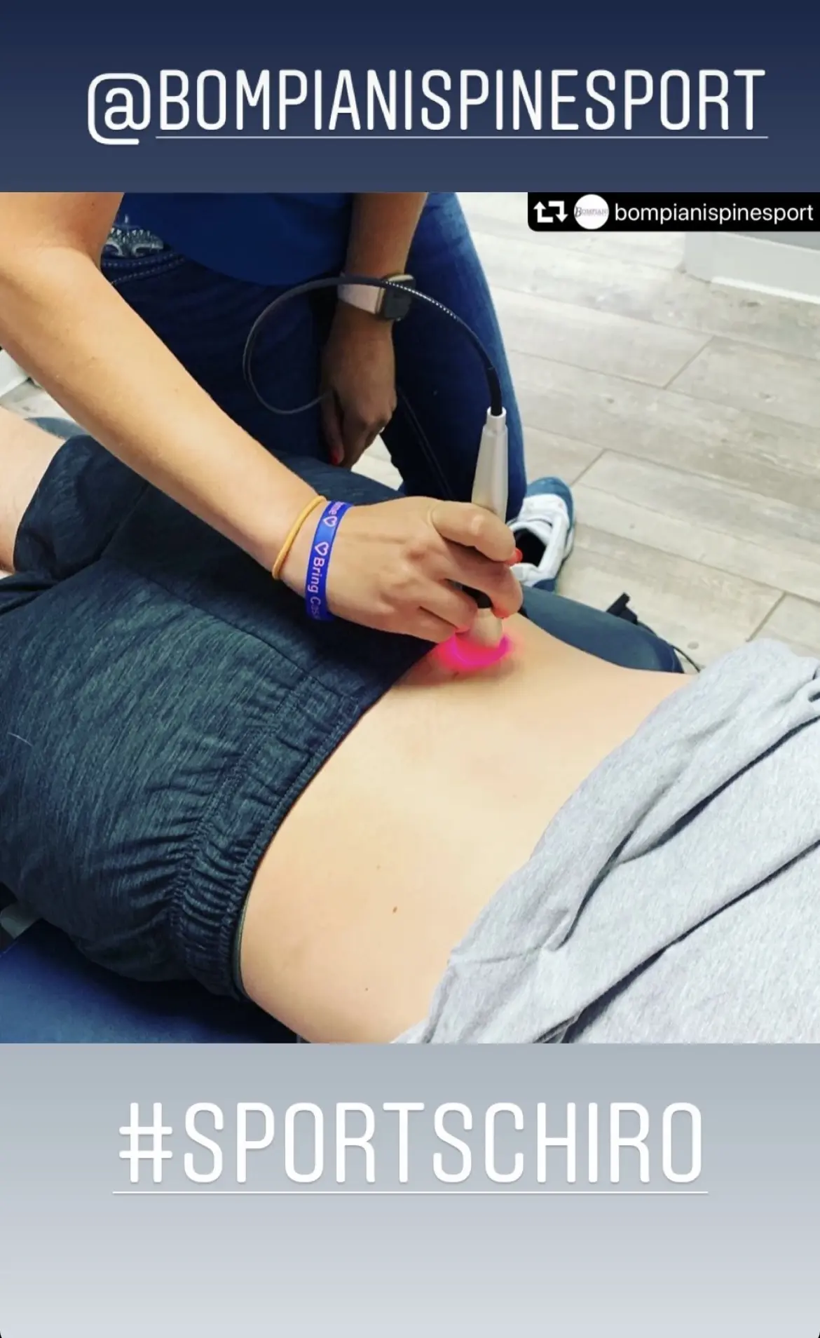 @summuslaser; instagram story; @bompianispinesport; patient receiving Summus laser treatment on their lower back for sports chiropractic