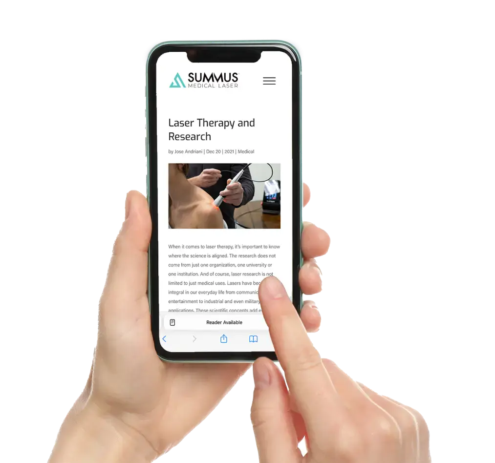 In the press; Summus website reflected on the screen of a phone with someone's finger to represent scrolling