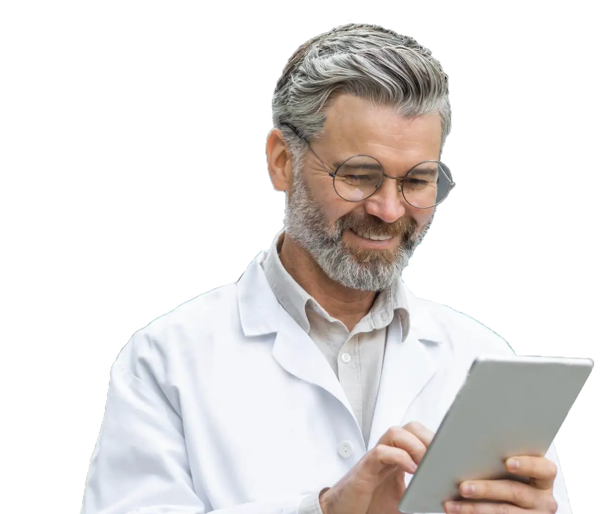 Programs; elderly doctor with round glasses touching the screen of a digital tablet and smiling