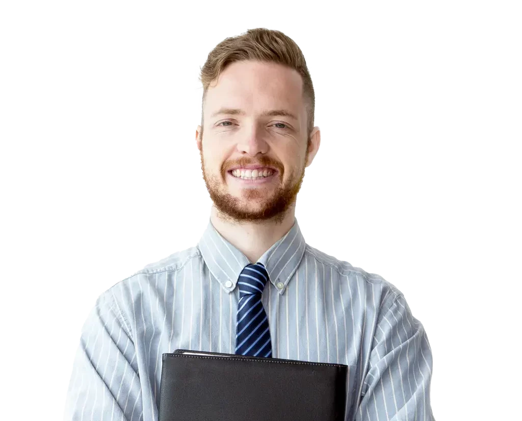 Careers; Caucasian business man smiling at the camera holding a black portfolio folder