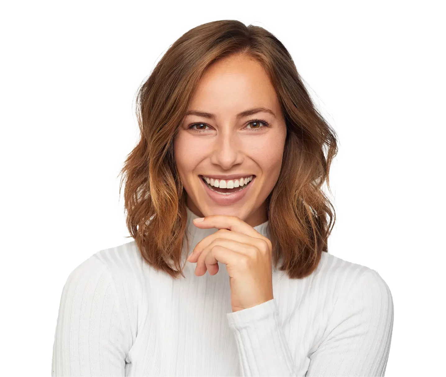 Dental; woman with short brown wavy hair smiling at the camera