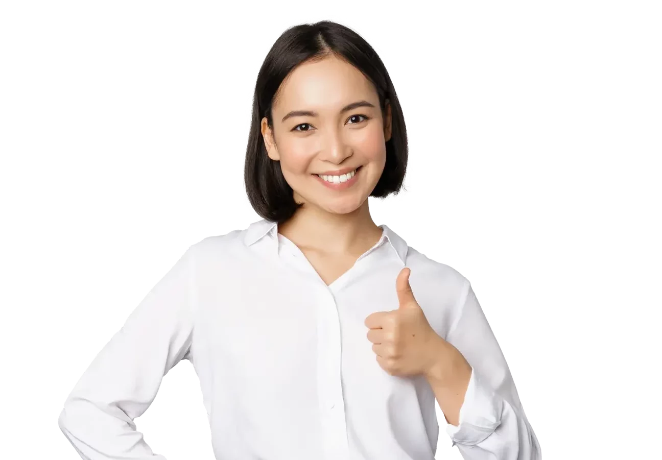 Events; racially ambiguous business woman with short black hair smiling at the camera with her hand in a thumbs up pose
