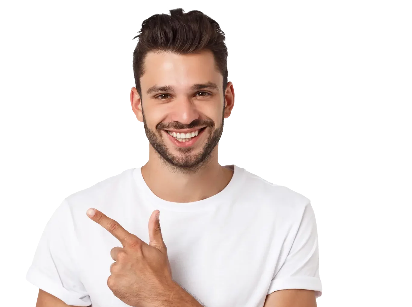 Medical Frequently Asked Questions; Caucasian man smiling at the camera and pointing to the left side